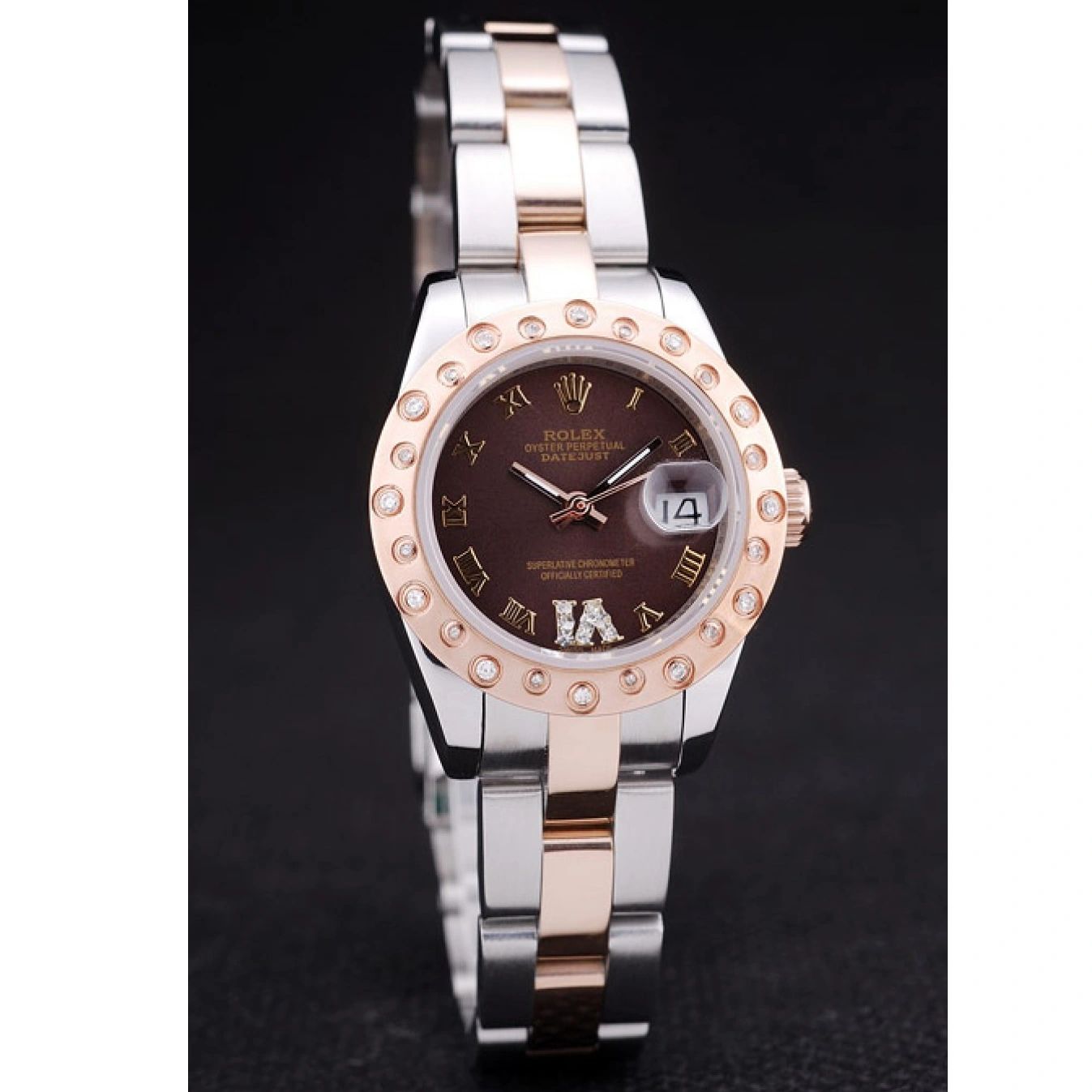 Best AAA Replica Sites Rose Brown Diamonds Bezel Gold Polished Dial Datejust 7475 Rolex 1015